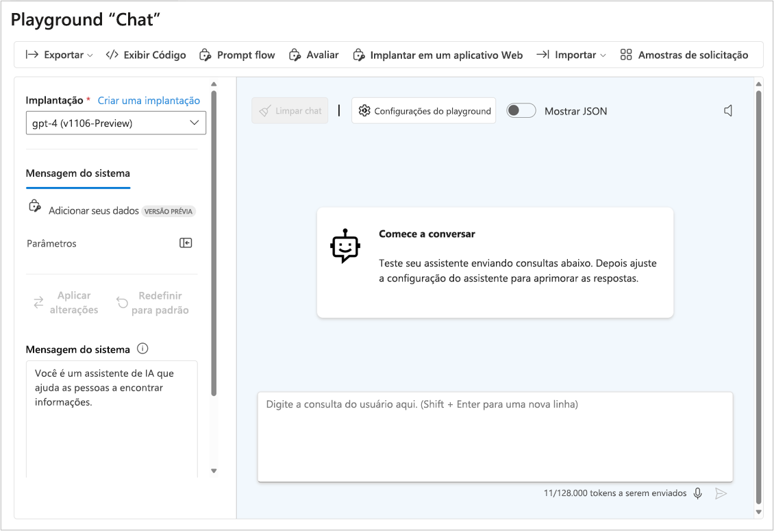 Captura de tela mostrando o playground de chat no Azure AI Foundry.