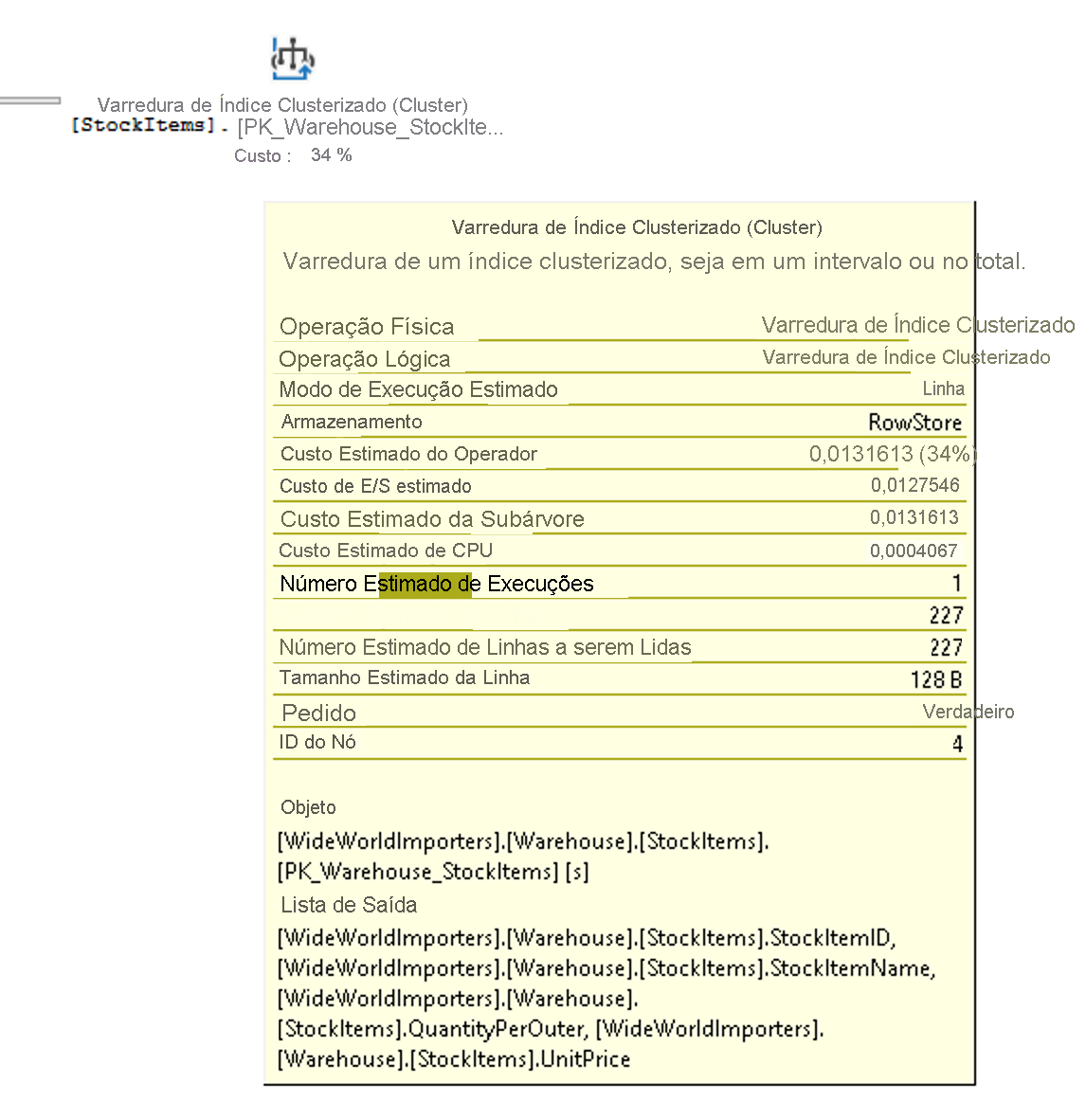 Captura de tela de uma dica de ferramenta para a operação Clustered Index Scan na tabela StockItems.