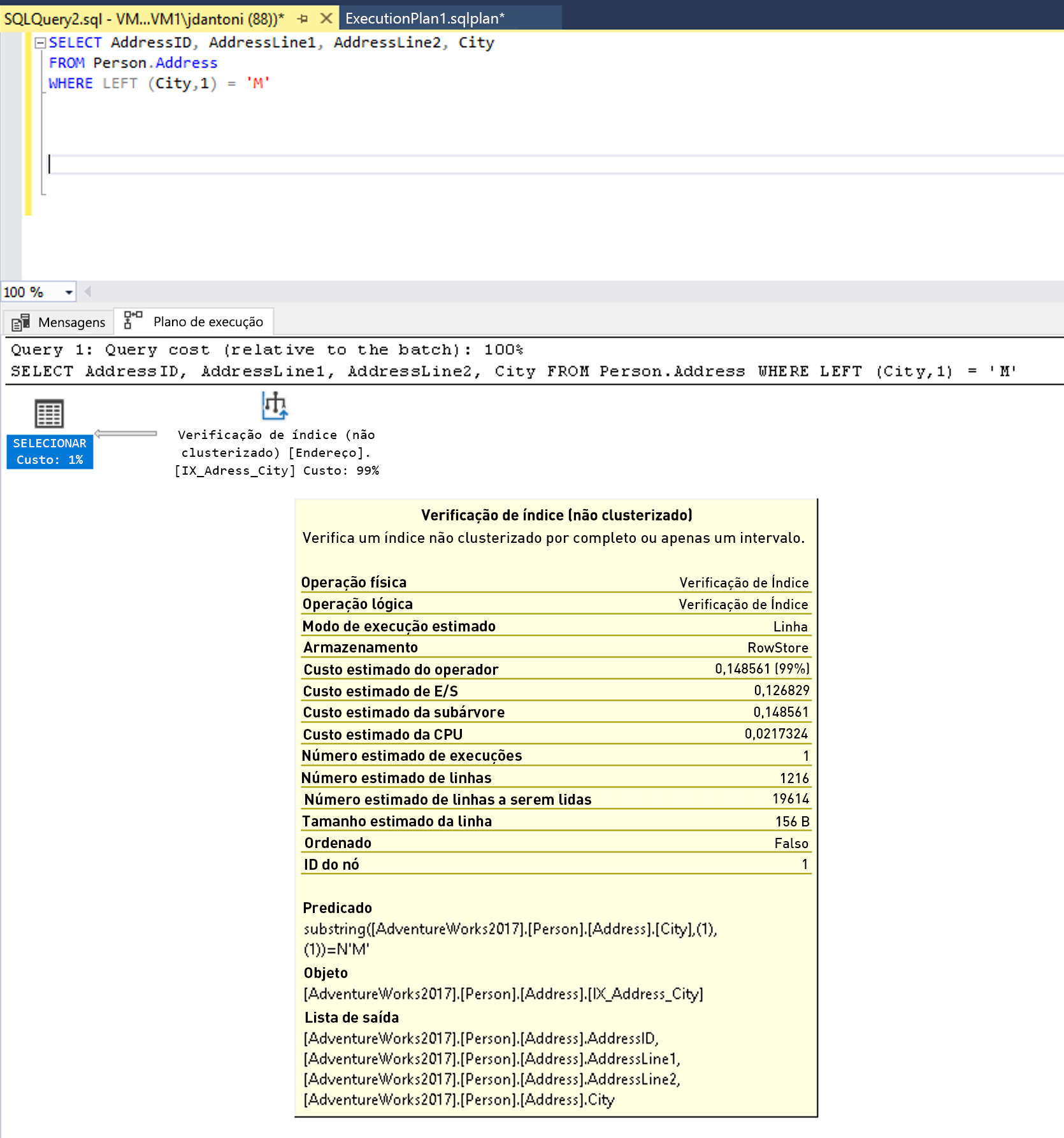 Screenshot of query and execution plan using a non-SARGable function.