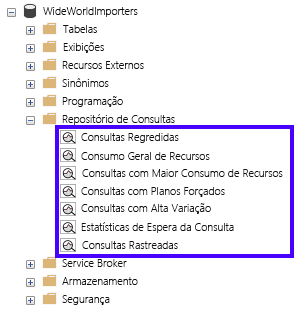 Captura de tela do Pesquisador de Objetos do SSMS com as exibições do Repositório de Consultas realçadas.