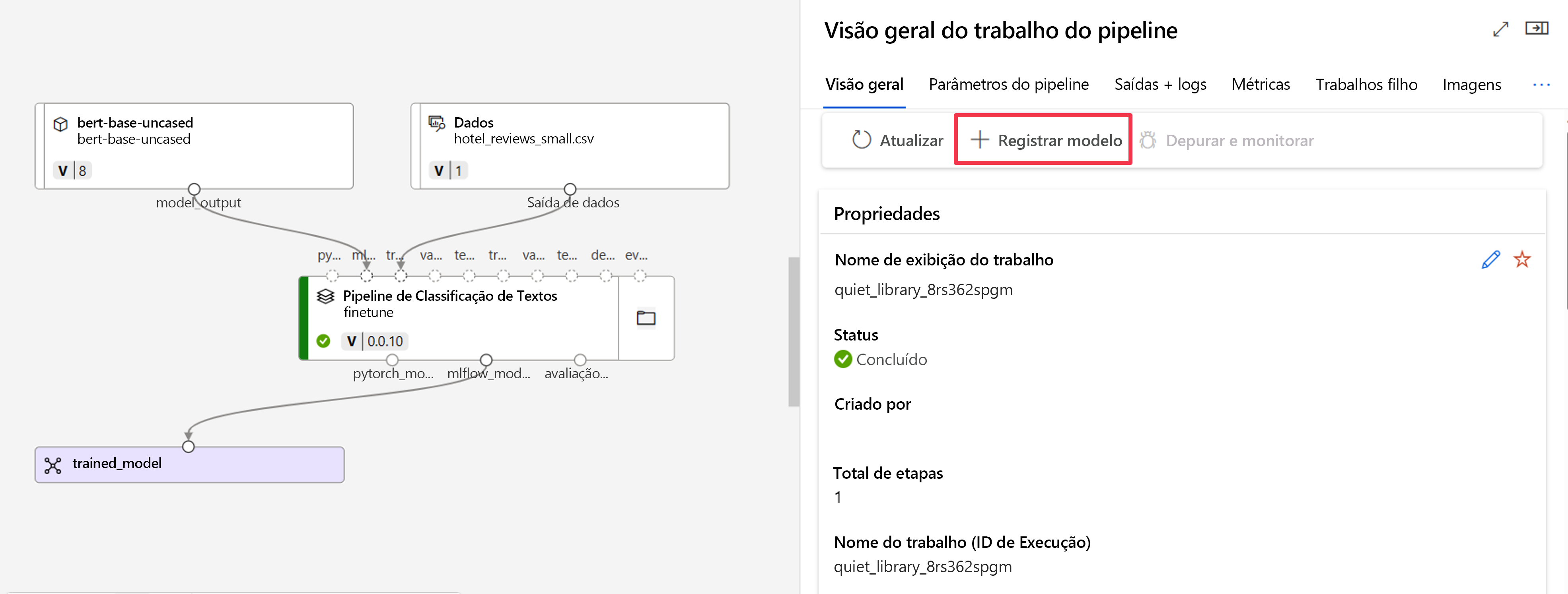 Screenshot of pipeline job overview with register model feature.