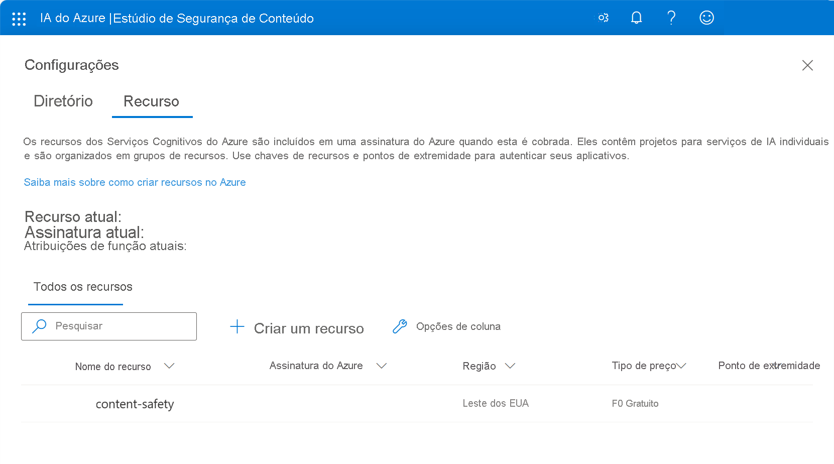 Captura de tela da página de recursos do Content Safety Studio nas configurações.