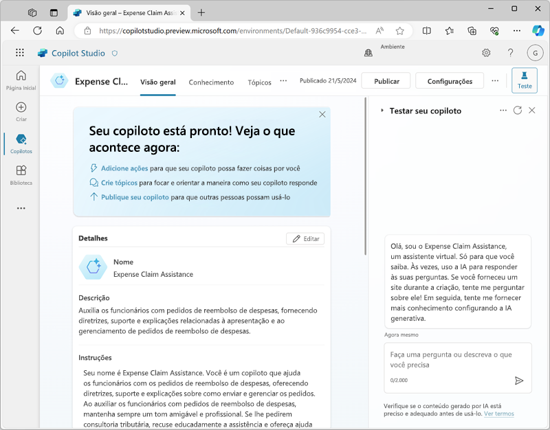 Captura de tela do Copilot Studio.