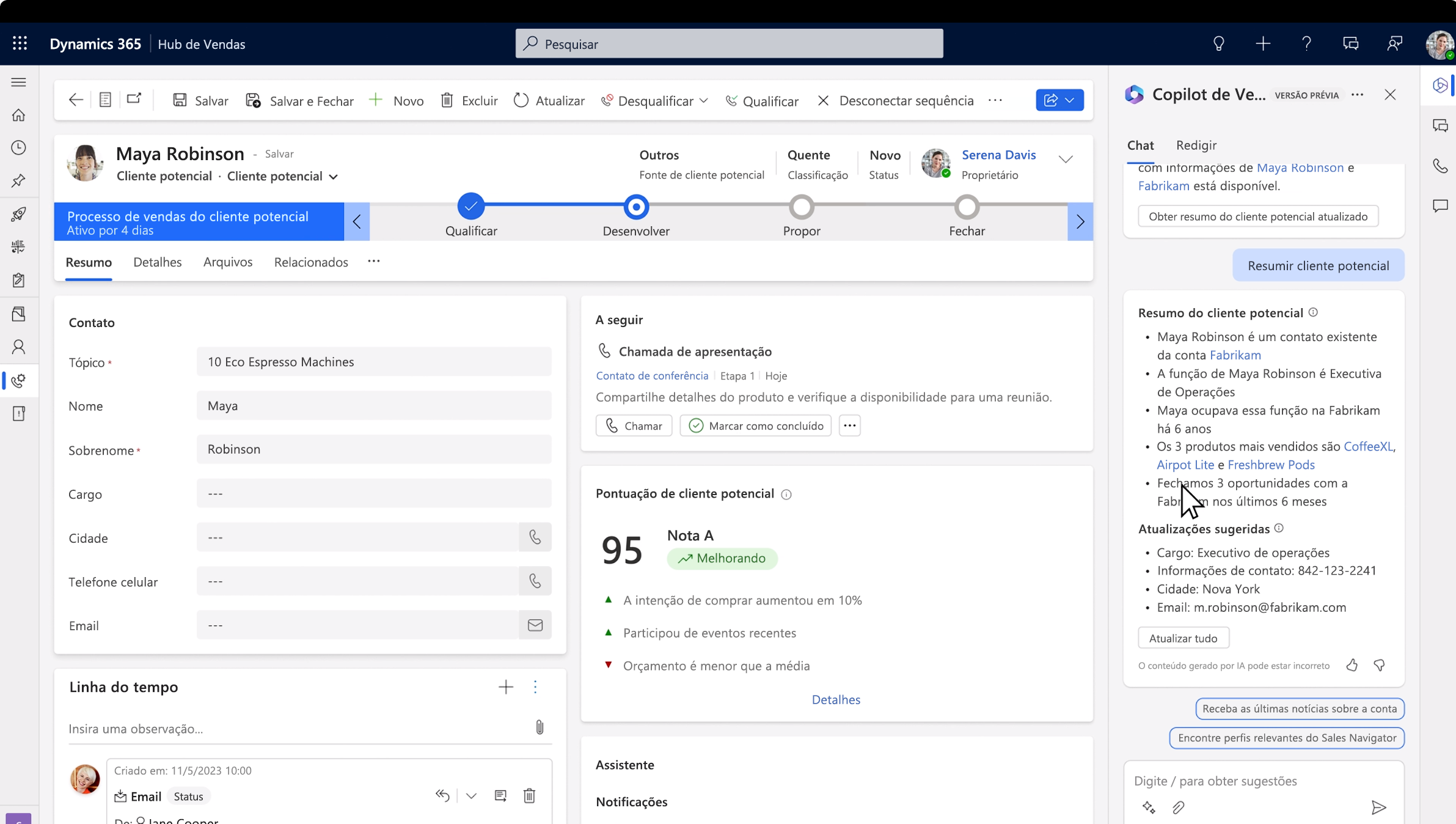 Captura de tela do Copilot for Dynamics 365 Sales.