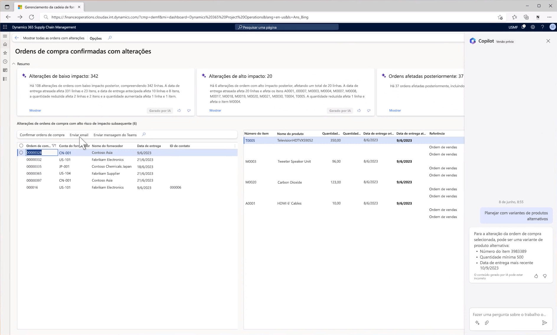 Captura de tela do Copilot para Dynamics 365 Supply Chain.