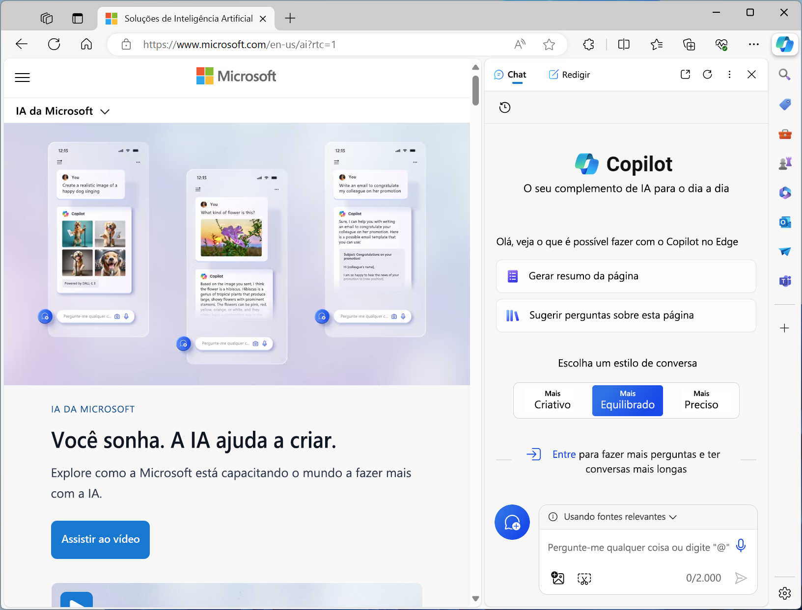 Captura de tela do Microsoft Copilot integrado ao navegador da Web Edge.