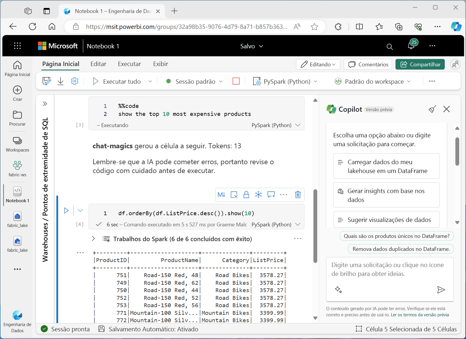 Captura de tela do Copilot no Microsoft Fabric.