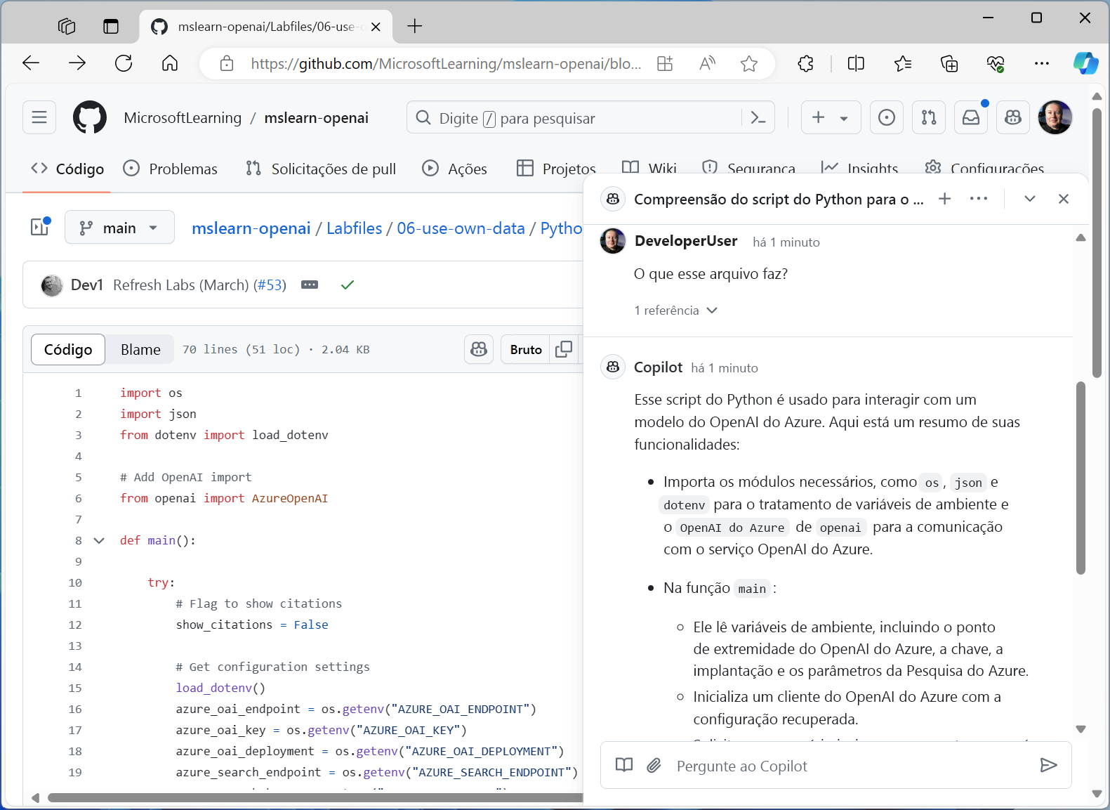 Captura de tela do GitHub Copilot.