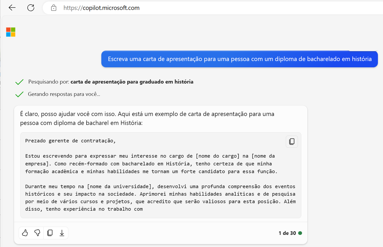 Captura de tela de uma carta de apresentação gerada por IA para uma pessoa com diploma de bacharel em história.