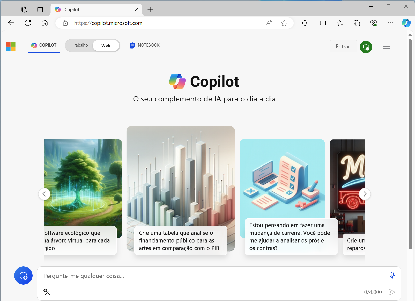 Captura de tela do aplicativo Microsoft Copilot na Web.