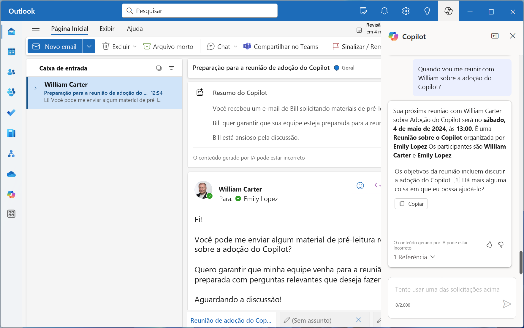 Captura de tela do Microsoft Copilot para Microsoft 365 com um exemplo no Outlook.