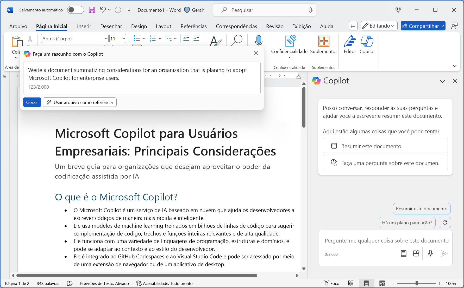 Captura de tela do Microsoft Copilot para Microsoft 365 com um exemplo no Word.