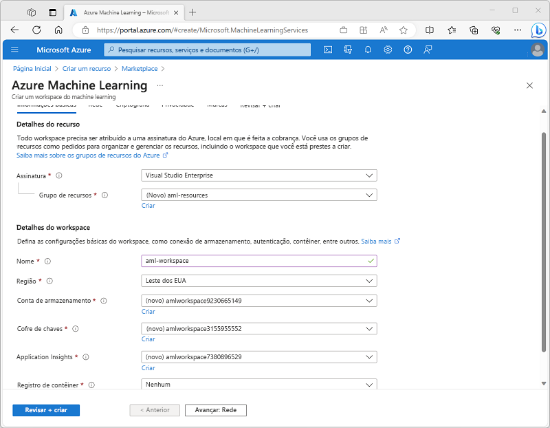 Captura de tela da página Criar workspace do Azure Machine Learning no portal do Azure.