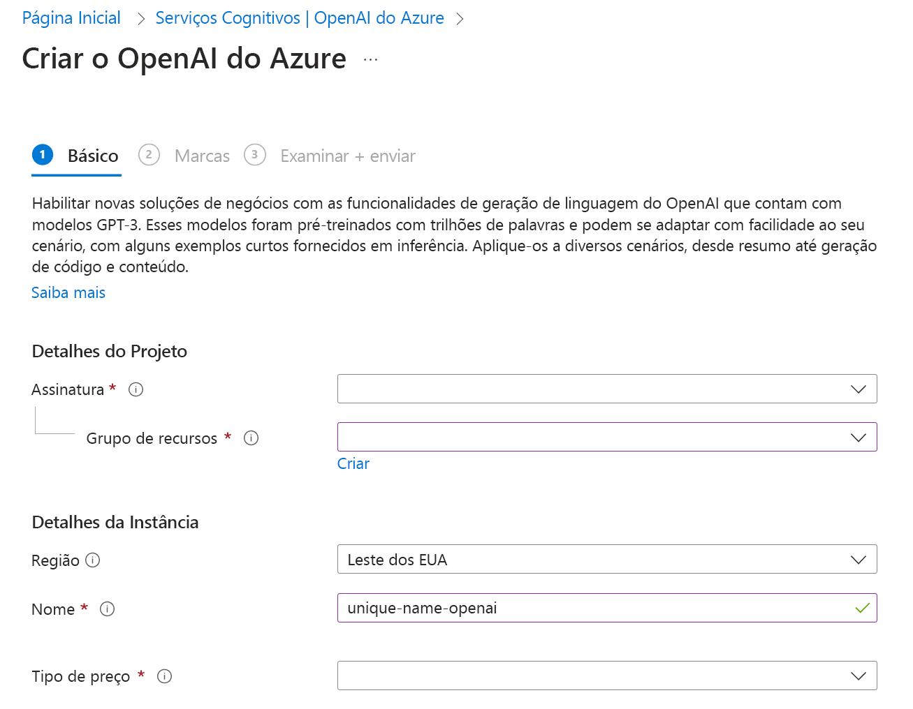 Captura de tela da página do portal do Azure para criar um recurso do Serviço OpenAI do Azure.