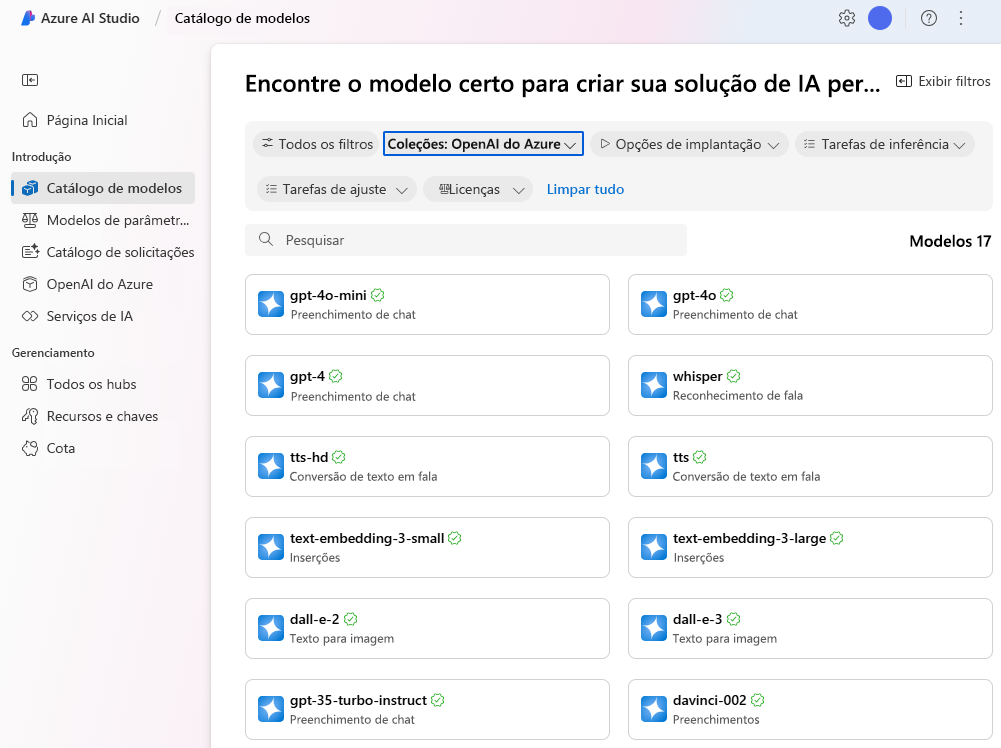 Captura de tela dos modelos de IA generativos prontos para uso do portal Azure AI Studio.