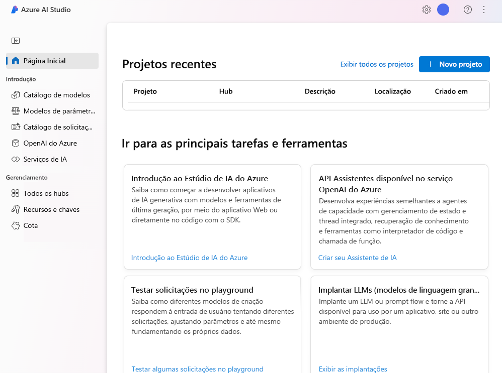 Captura de tela do portal do Estúdio de IA do Azure, que pode ser usado para acessar vários recursos.