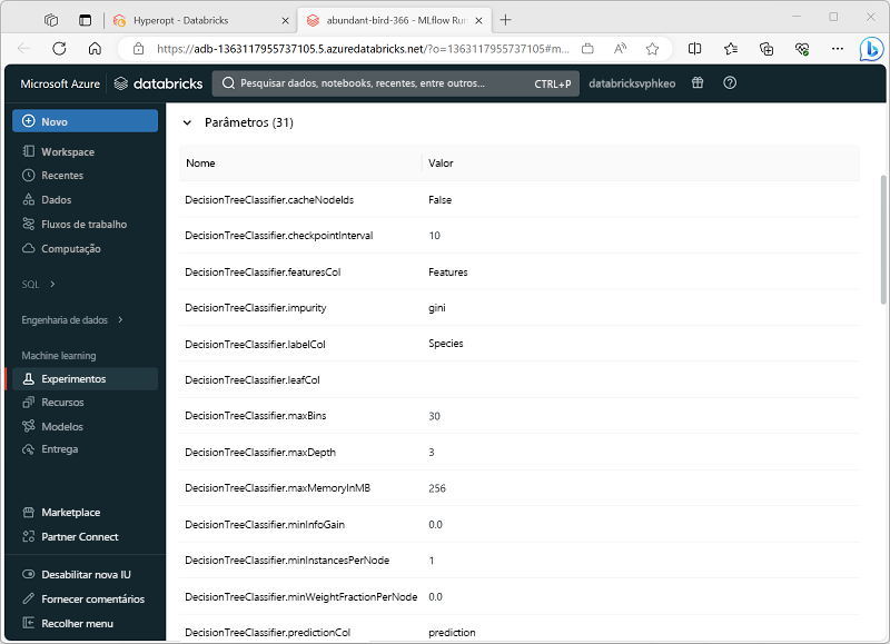 Captura de tela da execução do MLflow para uma avaliação do Hyperopt.