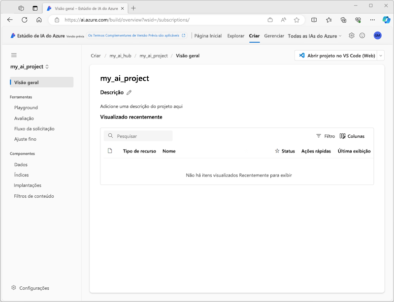 Captura de tela de um projeto no Estúdio de IA do Azure..