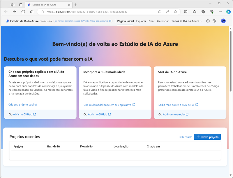 Captura de tela da página inicial do Estúdio de IA do Azure.