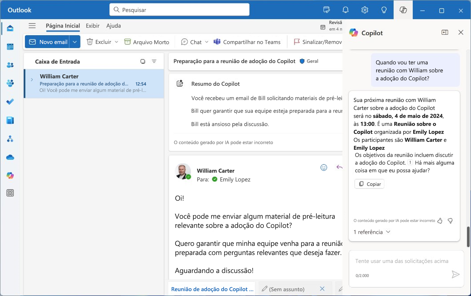 Captura de tela do Microsoft 365 Copilot no Outlook.