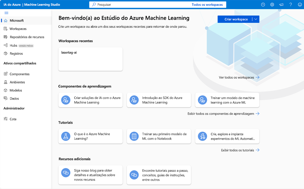 Captura de tela da página de aterrissagem do Estúdio do Azure Machine Learning.