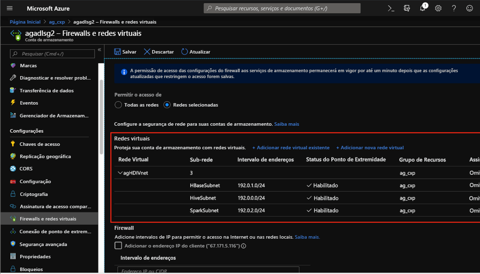 Configurações de redes virtuais do Azure