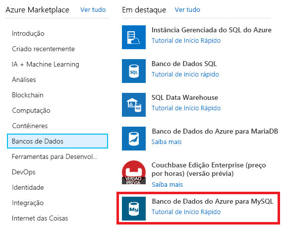 Imagem mostrando o item do Banco de Dados do Azure para MySQL no Azure Marketplace