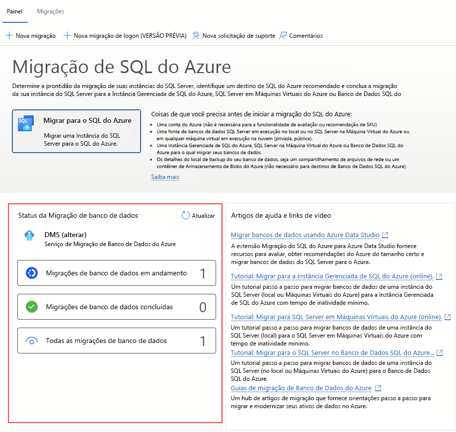 Captura de tela do painel de migração na extensão de migrações para o Azure Data Studio.