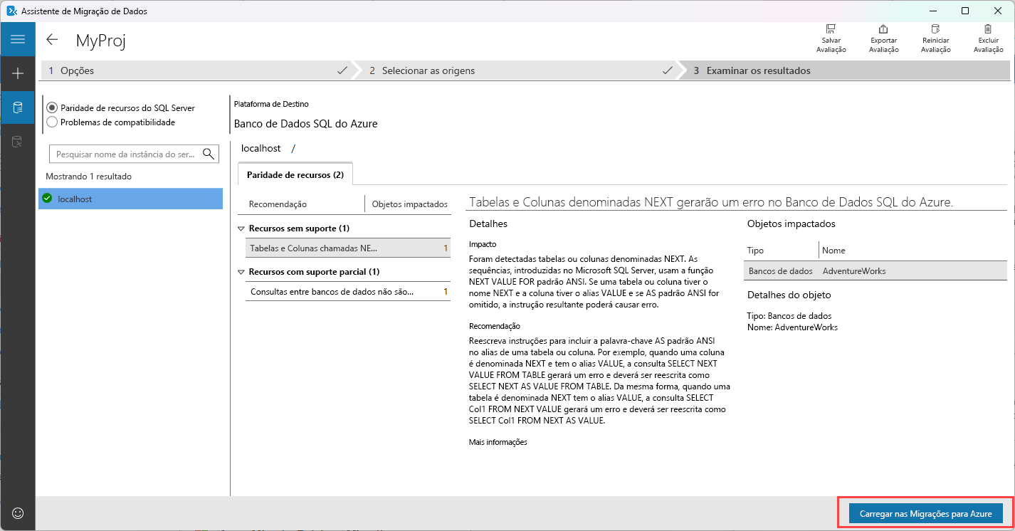 Captura de tela que mostra como carregar uma avaliação do Assistente de Migração de Dados para as Migrações para Azure.