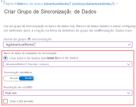 Captura de tela mostrando a nova página do grupo de sincronização do portal do Microsoft Azure.