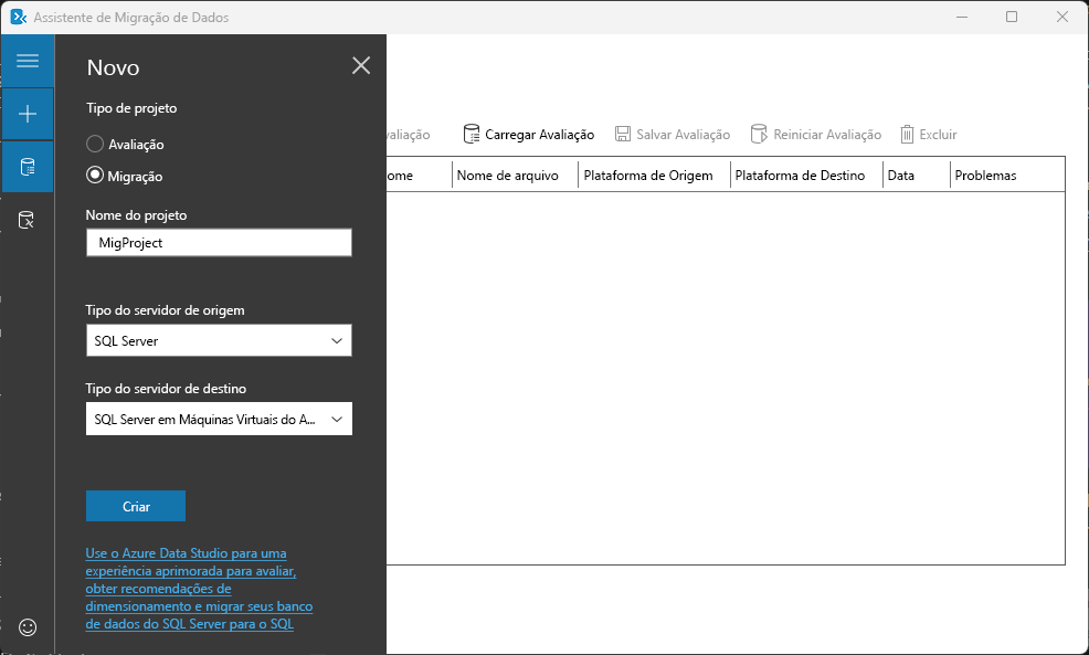 Captura de tela da ferramenta Assistente de Migração de Dados e novas opções de projeto de migração.