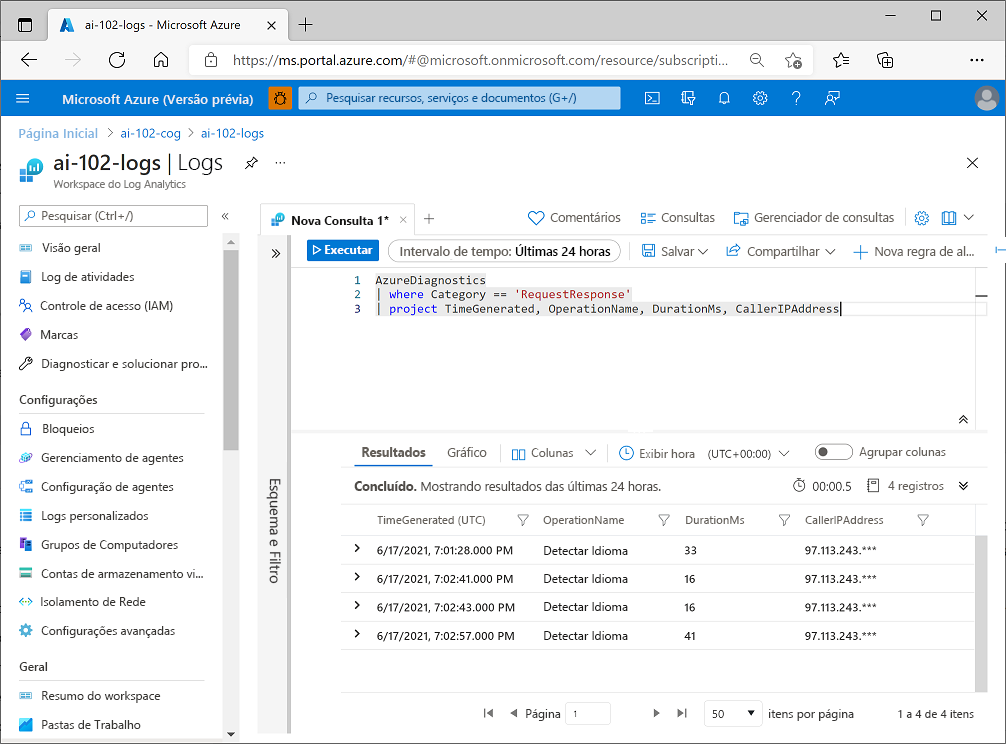 A screenshot of an Azure log Analytics query returning diagnostic data logged for an Azure AI services resource.