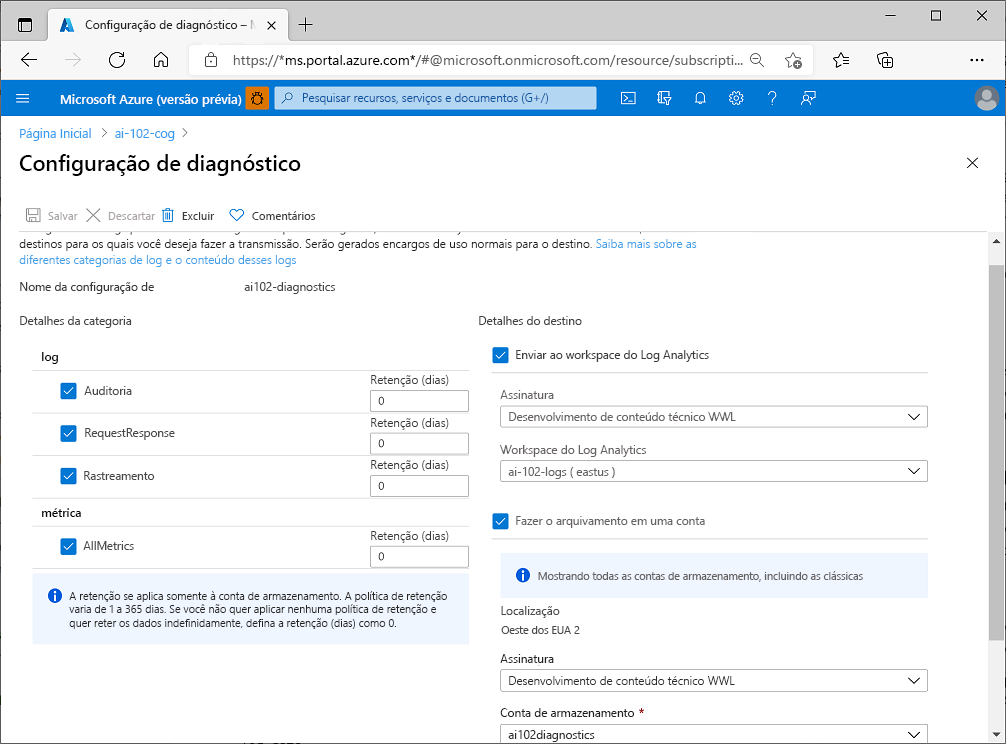 A screenshot of diagnostic settings for an Azure AI services resource.