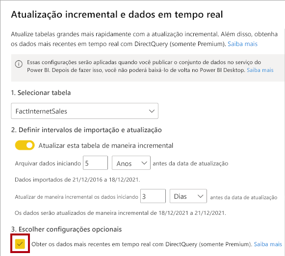 Captura de tela da atualização incremental e da configuração de dados em tempo real que realça a opção 