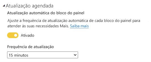 Captura de tela da configuração de atualização automática do bloco do painel, com uma frequência de atualização definida como 15 minutos.