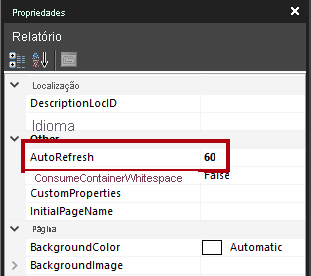Captura de tela da propriedade Atualização Automática do relatório definida como 60 segundos.