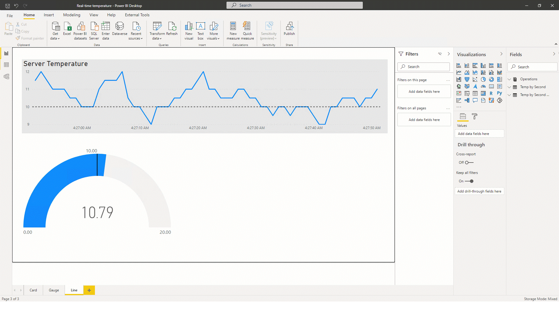 A imagem animada mostra um relatório do Power BI em tempo real sobre a temperatura do servidor, incluindo um visual de gráfico de linhas e um visual de medidor.