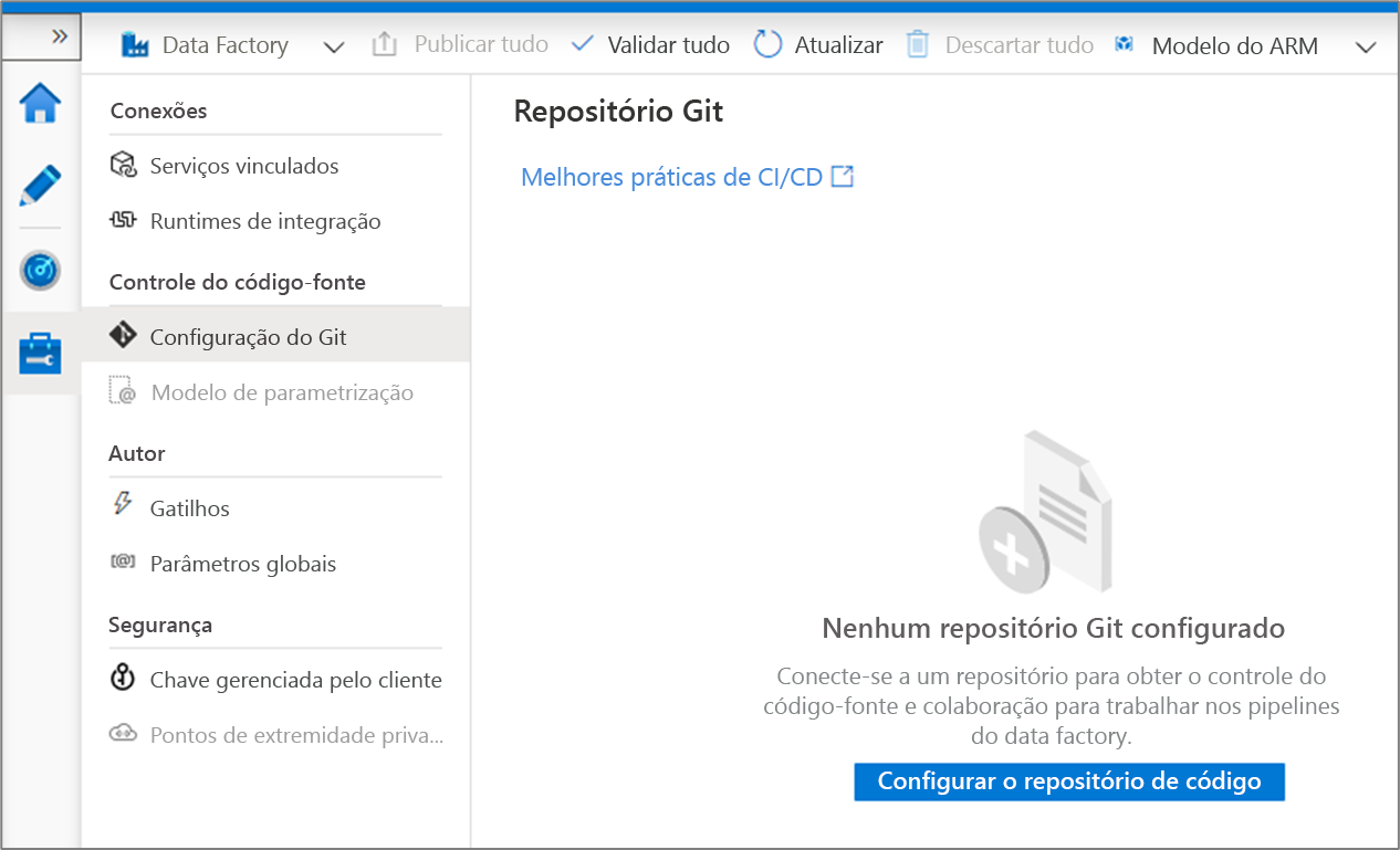 Definir as configurações do repositório de código do hub de gerenciamento