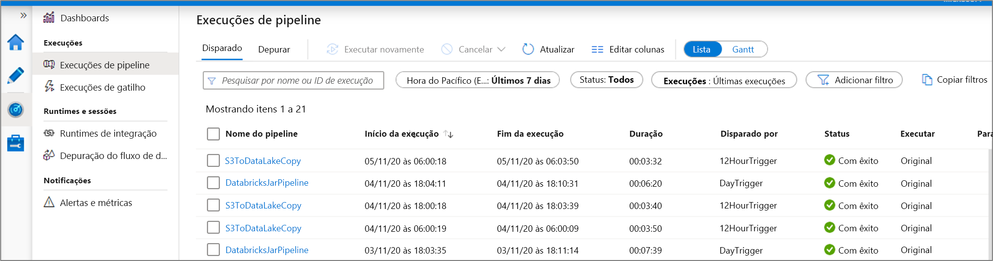 List view for monitoring pipeline runs