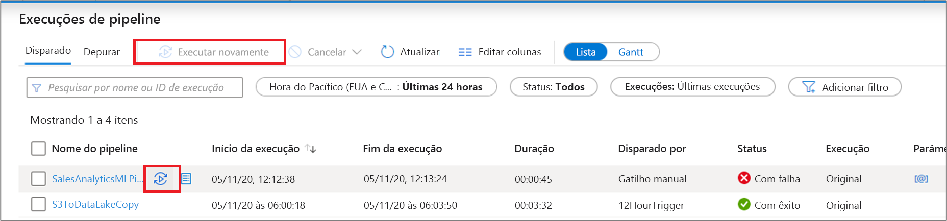 Executar novamente um pipeline