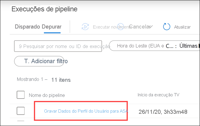 O nome da execução de pipeline é selecionado.