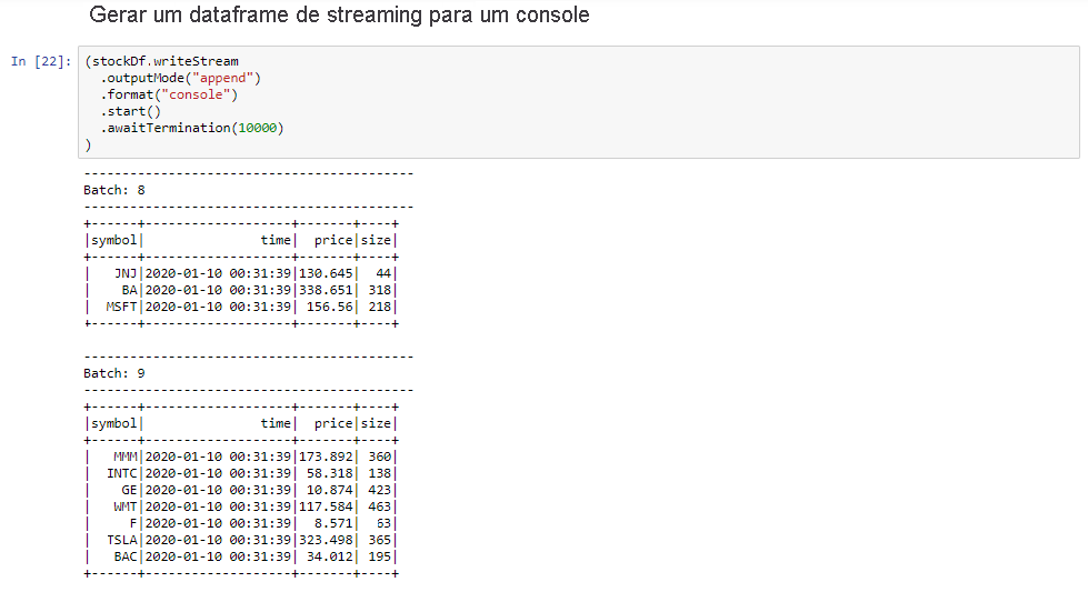 Gerar um dataframe de streaming para um console