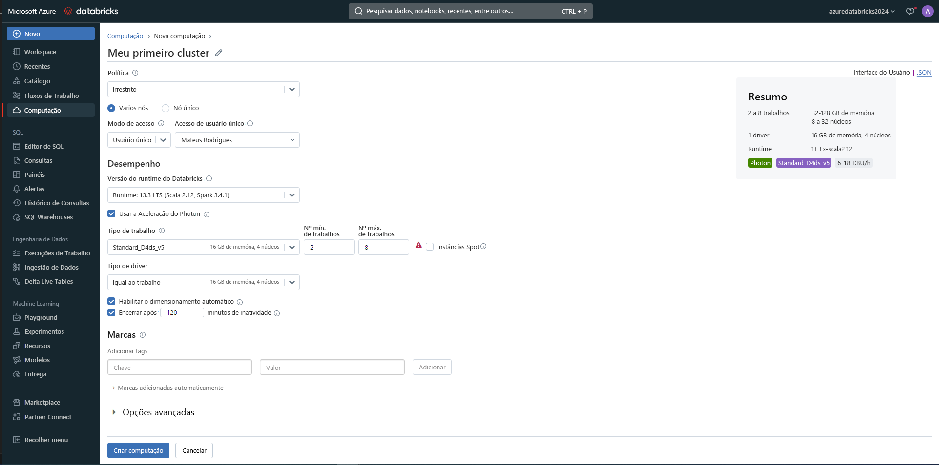 Captura de tela do Azure Databricks.