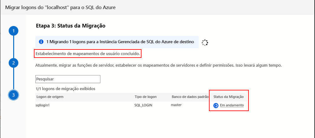 Captura de tela mostrando o status de migração de logon no Azure Data Studio.