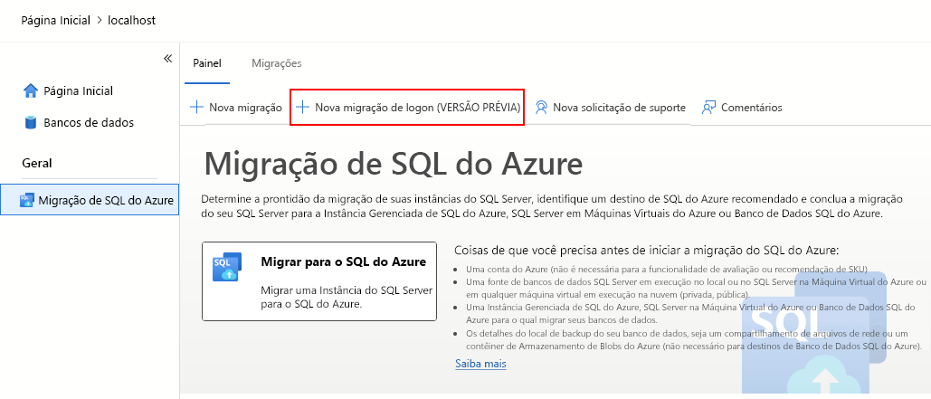 Captura de tela mostrando a nova opção de migração de logon do Azure Data Studio. 