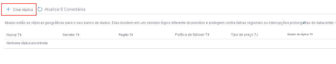 Captura de tela da página de réplica do Banco de Dados SQL do Azure.