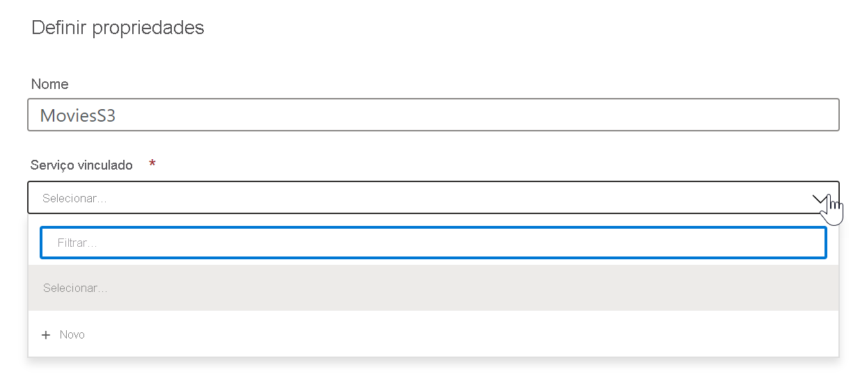 Screenshot that shows the Set Properties window, with filter highlighted under Linked service.