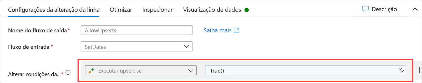 O formulário de configurações de alteração de linha está definido conforme descrito.