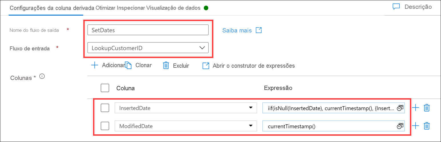 O formulário de configurações de outra coluna derivada está definido conforme descrito.