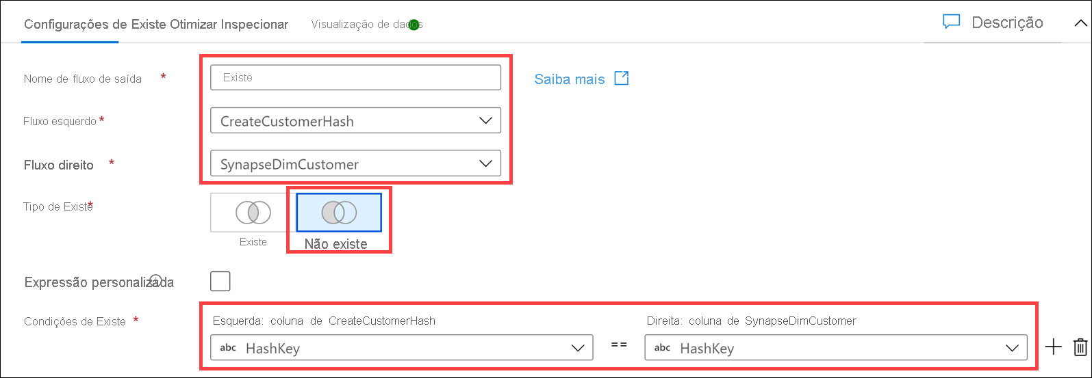 O formulário de configurações do item de menu “Existe” está definido conforme descrito.